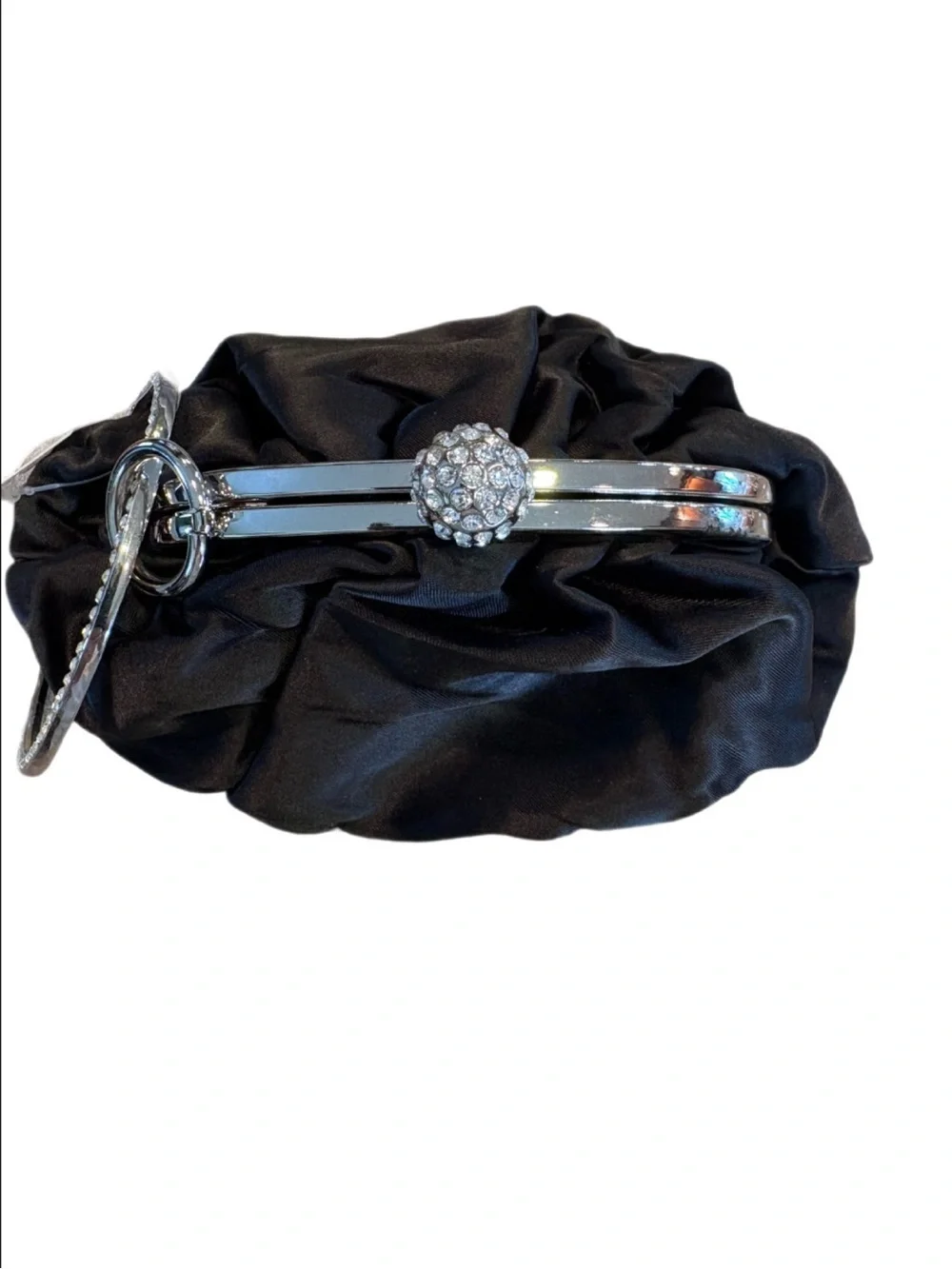 Black Satin Evening Bag Rhinestone Ring Wristlet Clutch NWT